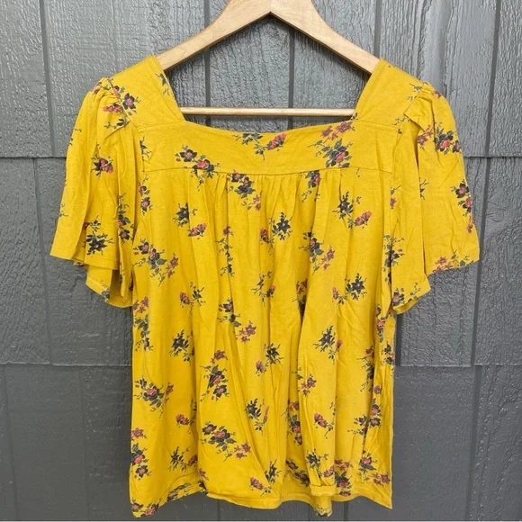 Lucky Brand Women’s Square Neck Yellow Floral Short Sleeve Top - Picture 8 of 12